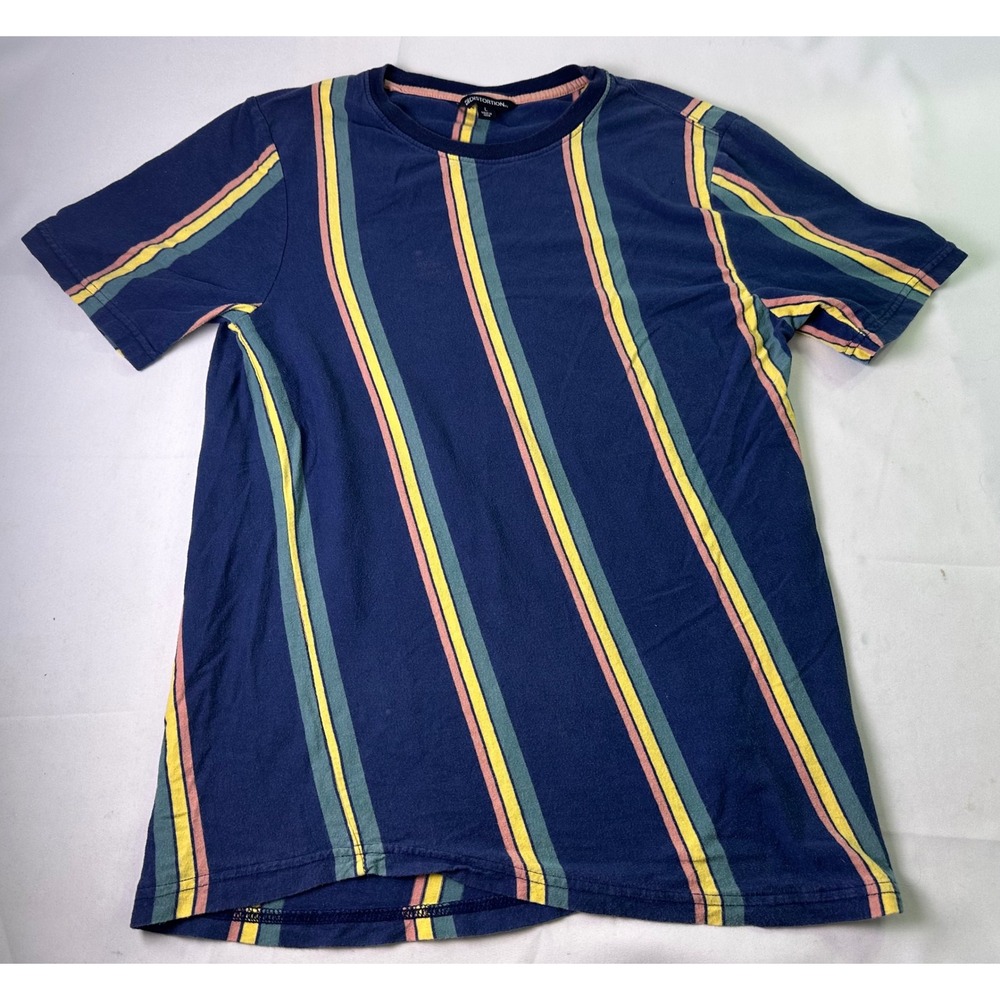 Distortion Striped T-Shirt Mens Blue‎ Yellow Green Retro Skater Surf Hipster L